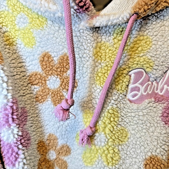 Women's Barbie Graphic Faux-Fur Hoodie Jacket - Off-White with Daisies Large - Picture 4 of 11
